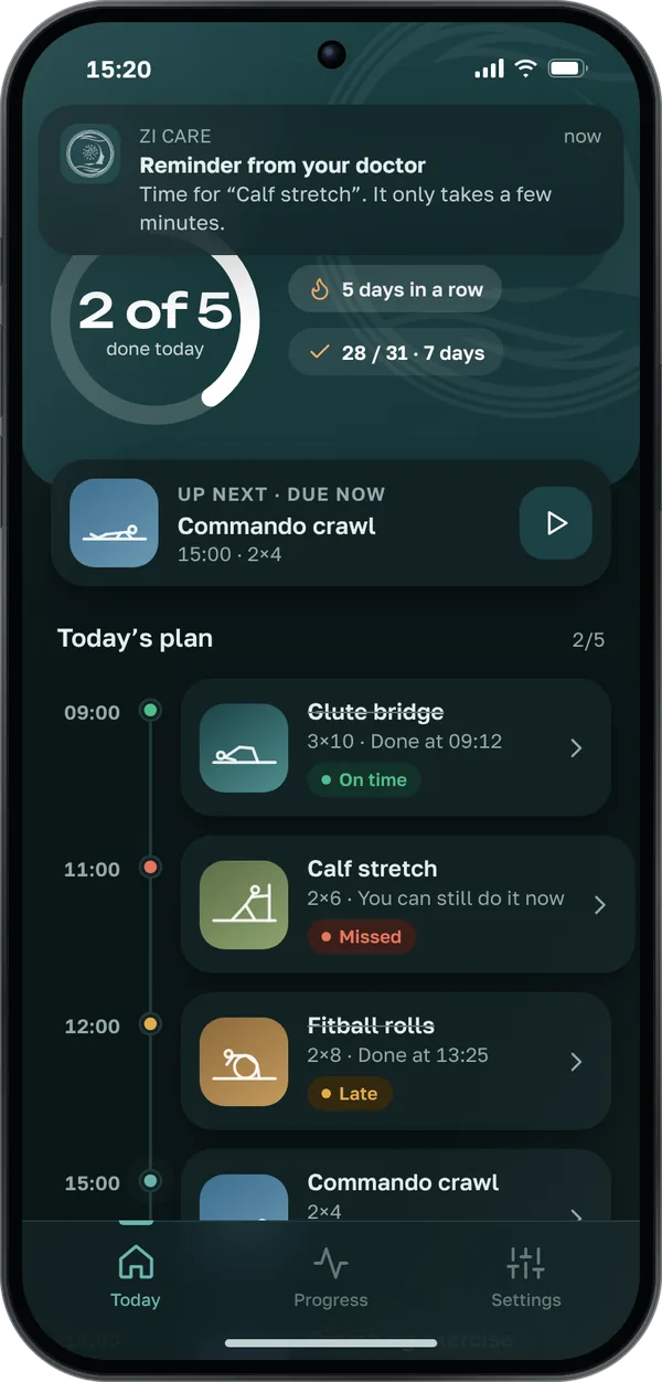 ZI Care app screen: today’s exercise plan and a reminder from the doctor
