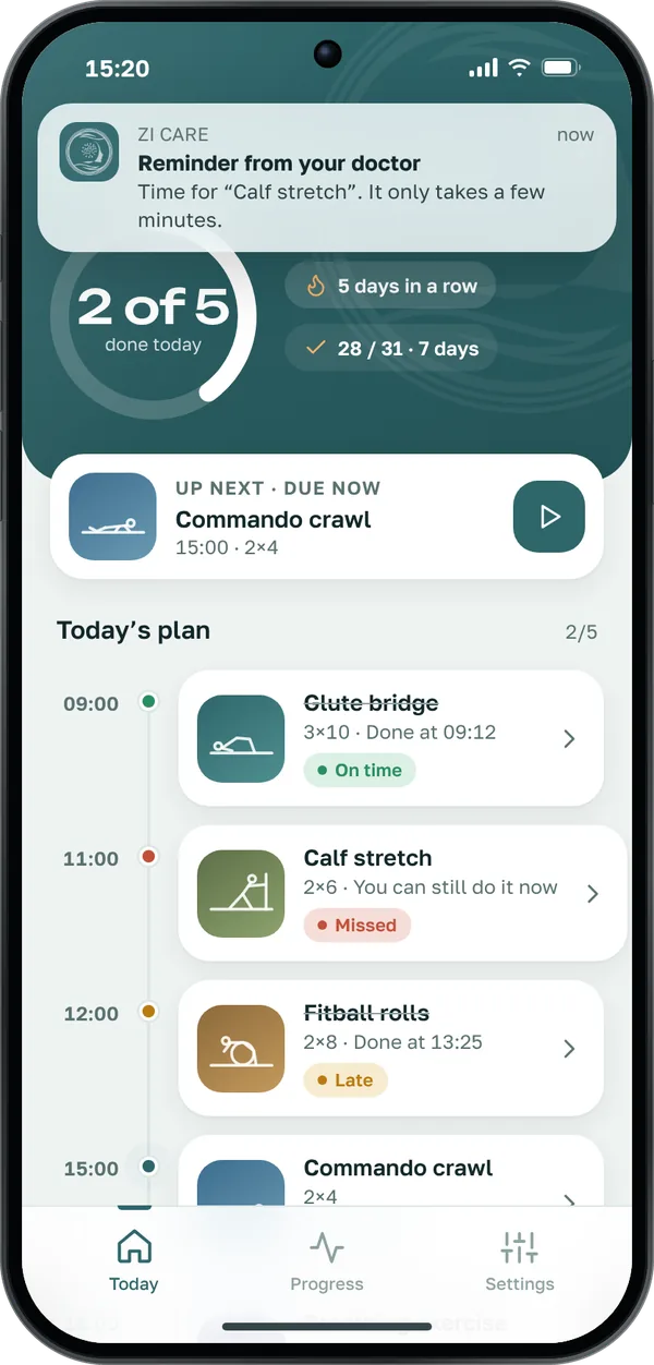 ZI Care app screen: today’s exercise plan and a reminder from the doctor
