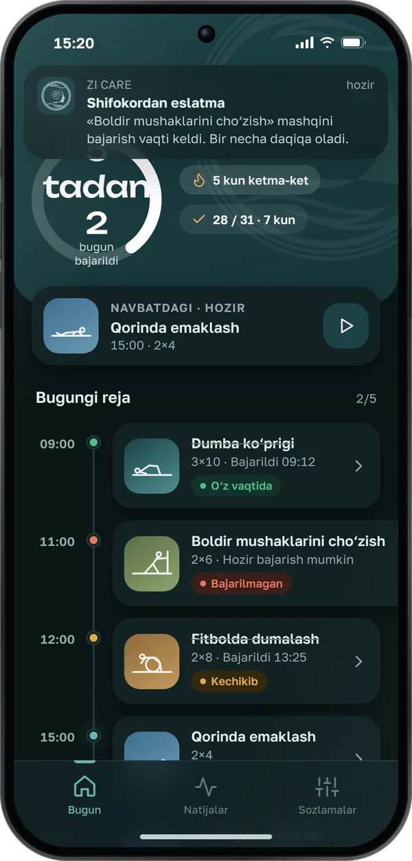 ZI Care ilovasi ekrani: bugungi mashqlar rejasi va shifokor eslatmasi